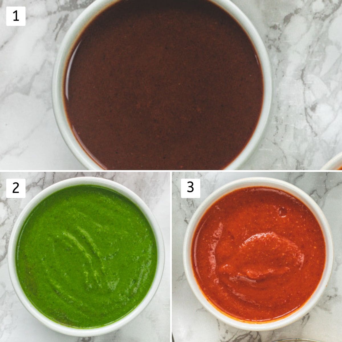 Collage of 3 images showing bowls of green chutney, tamarind date chutney and garlic chutney.