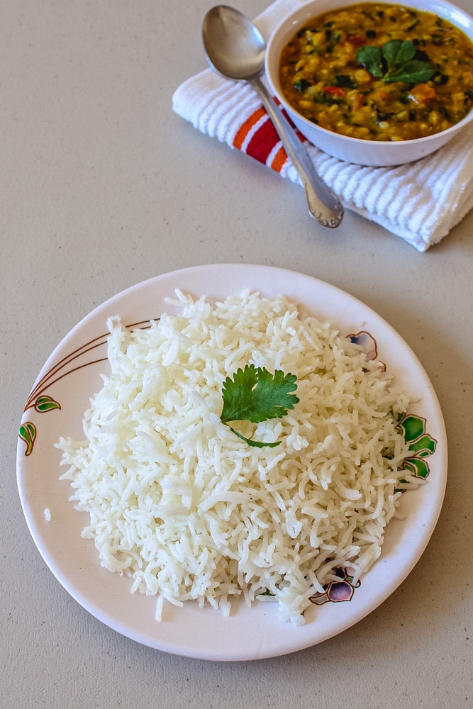 Basmati rice in a plate with a bowl of dal in the back with a spoon.