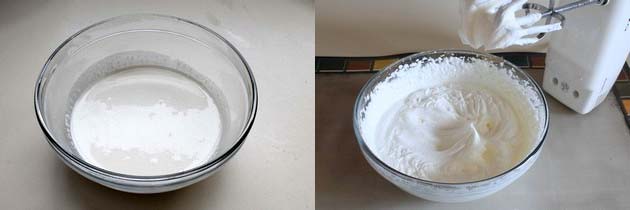 Collage of 2 images showing heavy cream in a bowl and whipped cream.