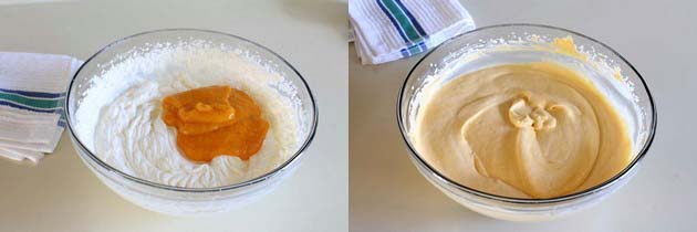 Collage of 2 images showing adding and mixing mango pulp.
