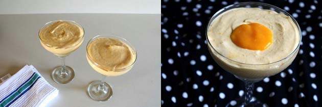 Collage of 2 images showing dividing into two cups and garnished with mango pulp.