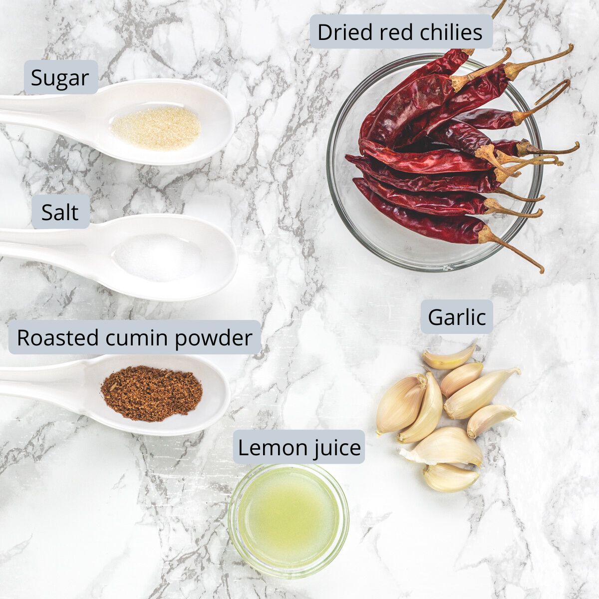 Garlic chutney recipe ingredients in bowls and spoons with labels.