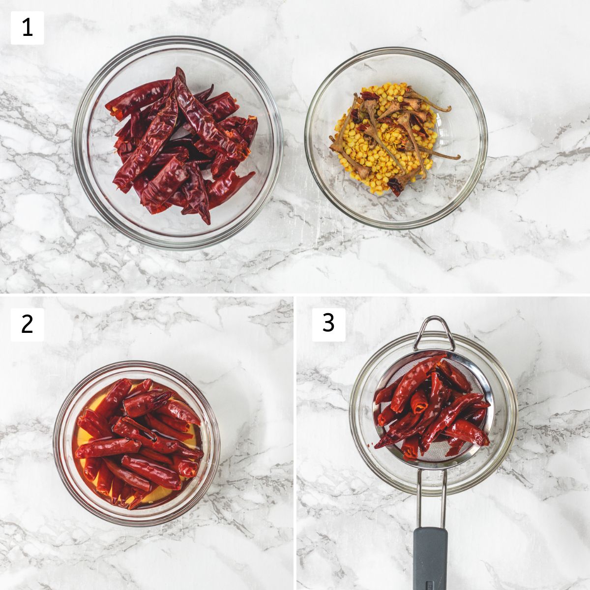 Collage of 3 images showing dried red chilies and seeds in seperate bowls, soaking chilies and drained water.