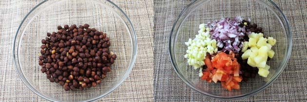 Collage of 2 images showing boiled kala chana in a bowl and rest veggies added.