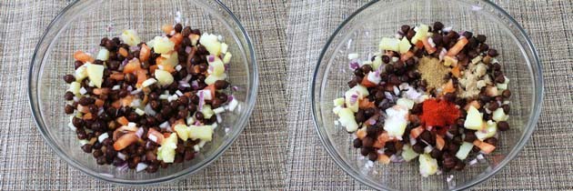 Collage of 2 images showing veggies and chana mixed and adding spices.