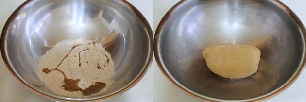 Collage of 2 images showing flour and oil in a bowl and ready dough.