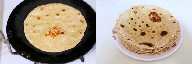 Collage of 2 images showing cooking another side and stack of roti on a plate.