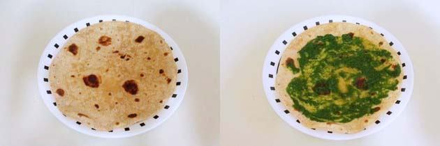 Collage of 2 images showing placing one roti on a plate and spreding green chutney.