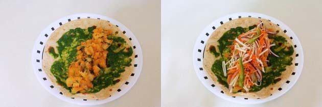Collage of 2 images showing placing potato stuffing and salad.