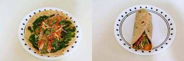 Collage of 2 images showing sprinkling chaat masala and rolled into kathi roll.