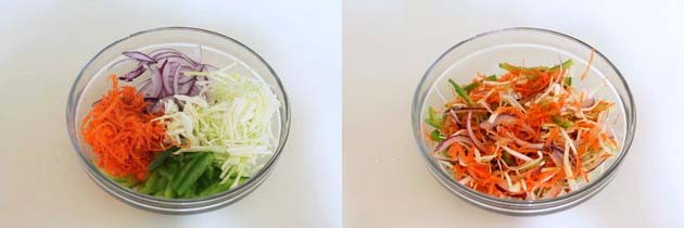 Collage of 2 images showing veggies in a bowl and mixed.
