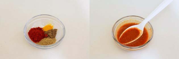 Collage of 2 images showing spice powders in a bowl and water is added.