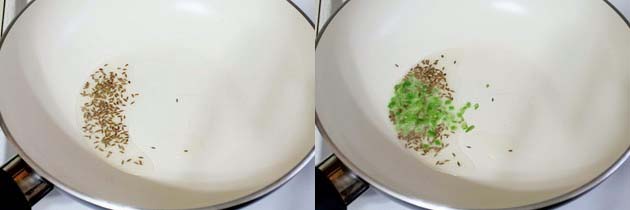 Collage of 2 images showing tempering of cumin seeds and adding green chili.