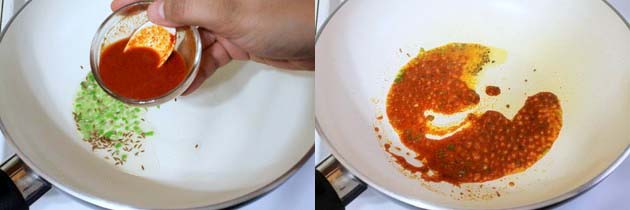 Collage of 2 images showing adding spice water and cooking.
