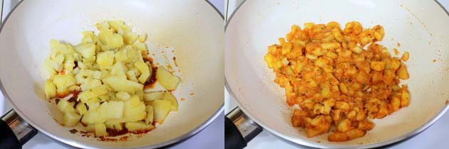 Collage of 2 images showing adding boiled potatoes and mixed.