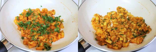 Collage of 2 images showing adding cilantro and mixed.