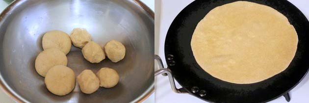 Collage of 2 images showing dough is divied and cooking rolled roti.