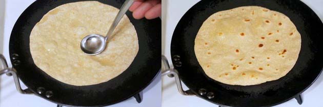 Collage of 2 images showing cooking roti with oil.