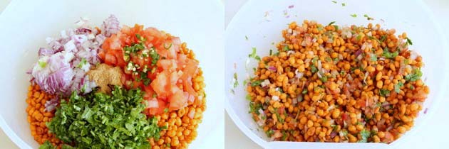 Collage of 2 images showing boondi and rest ingredients in a bowl and mixed together. 