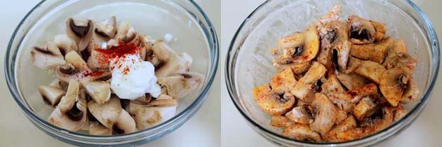 Collage of 2 images showing marinating mushroom with yogurt and chili powder.