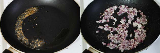 Collage of 2 images showing tempering with cumin seeds and adding onion.