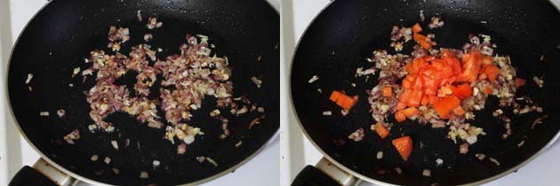 Collage of 2 images showing sauteing ginger garlic and adding tomatoes.