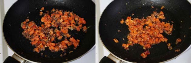 Collage of 2 images showing cooked tomatoes.