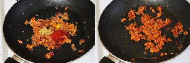Collage of 2 images showing adding and mixing spices.