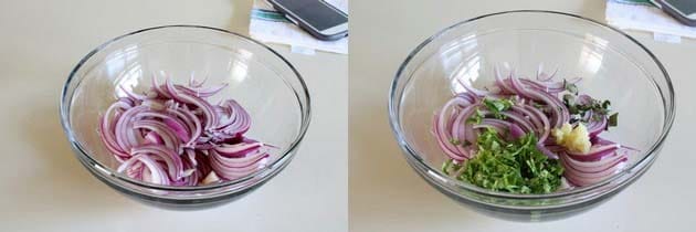 Collage of 2 images showing sliced onion in a bowl and adding cilantro, chilies and ginger.