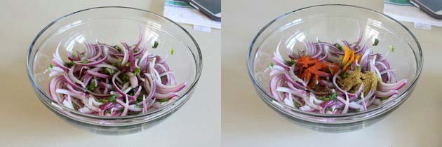 Collage of 2 images showing adding spices.