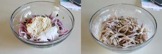 Collage of 2 images showing adding besan and rice flour and mixed.