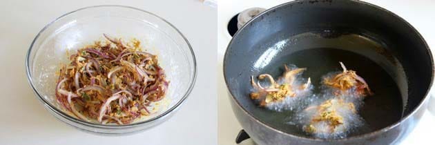 Collage of 2 images showing pakoda batter and frying in the oil.