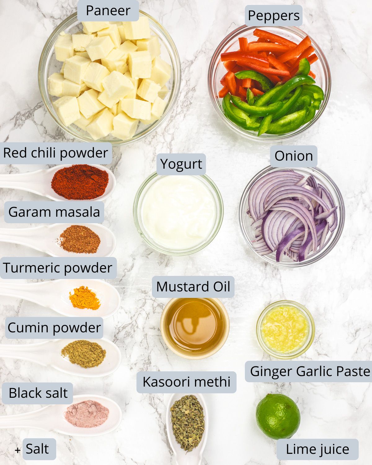 Paneer filling ingredients in bowls and spoons for paneer kathi roll with labels.