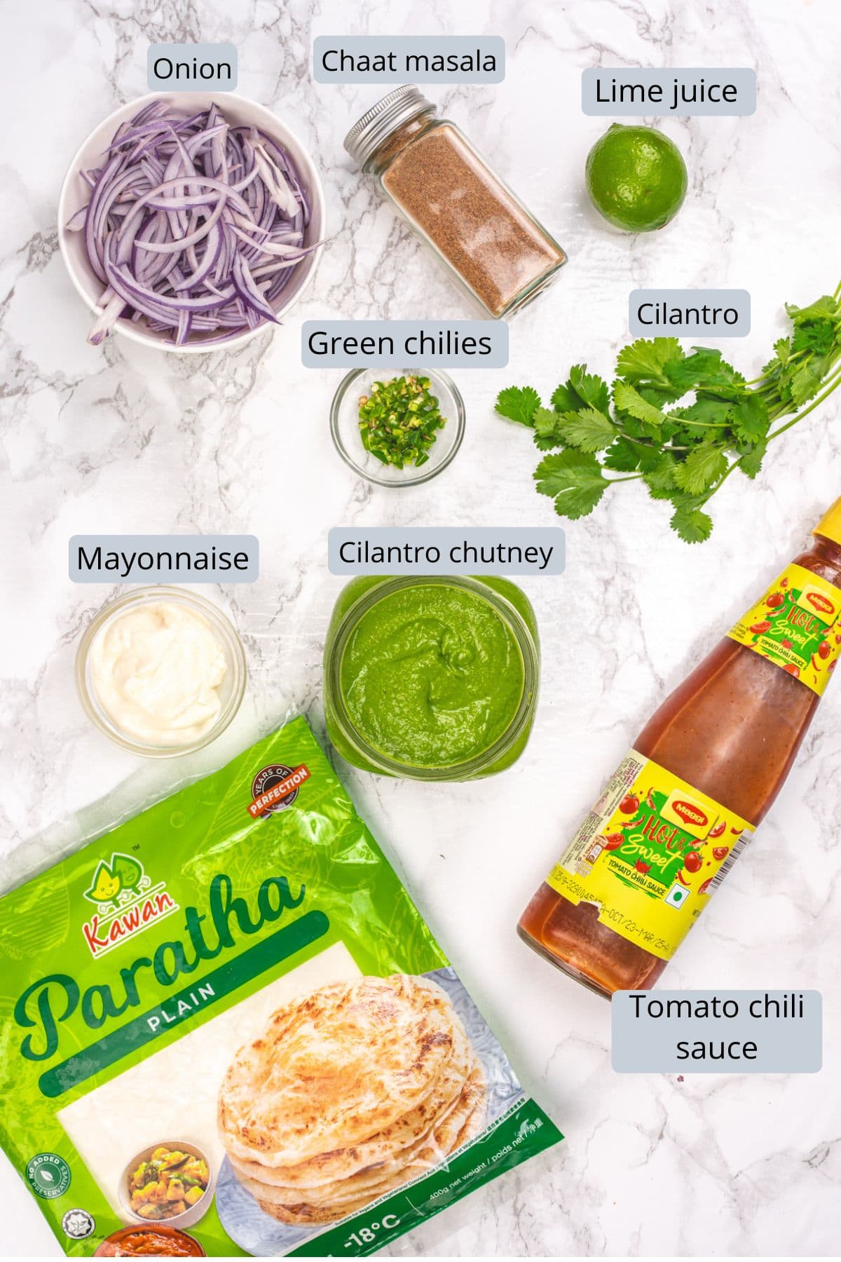 Paneer wrap ingredients with labels.