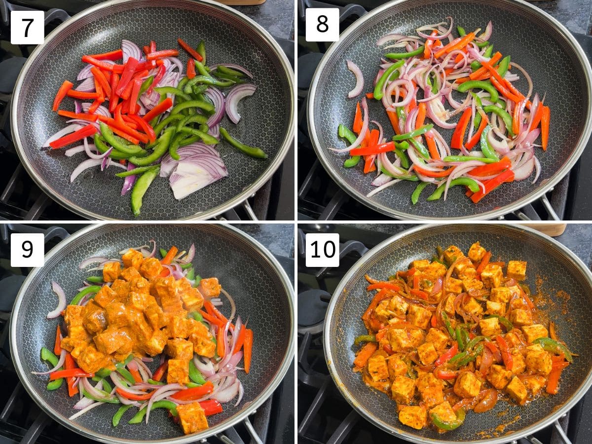 Collage of 4 images showing cooking onion, peppers and paneer.