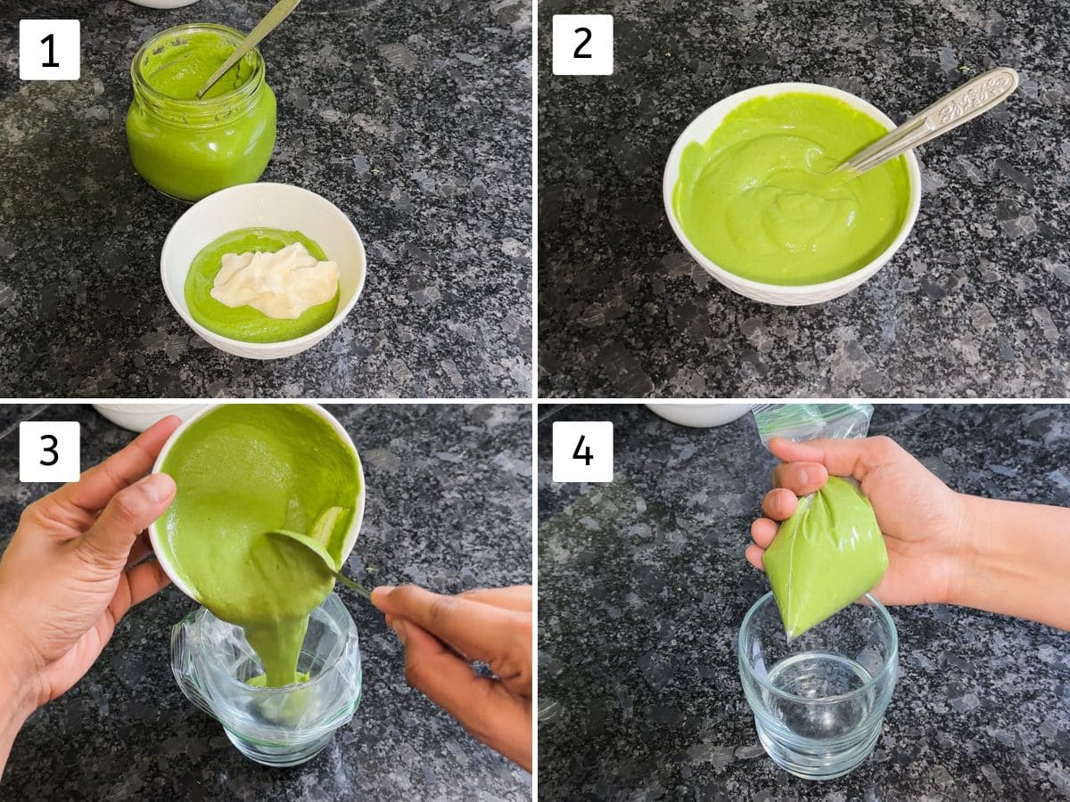 Collage of 4 images showing mixing green chutney and mayo and pouring into ziplock for easy drizzle.