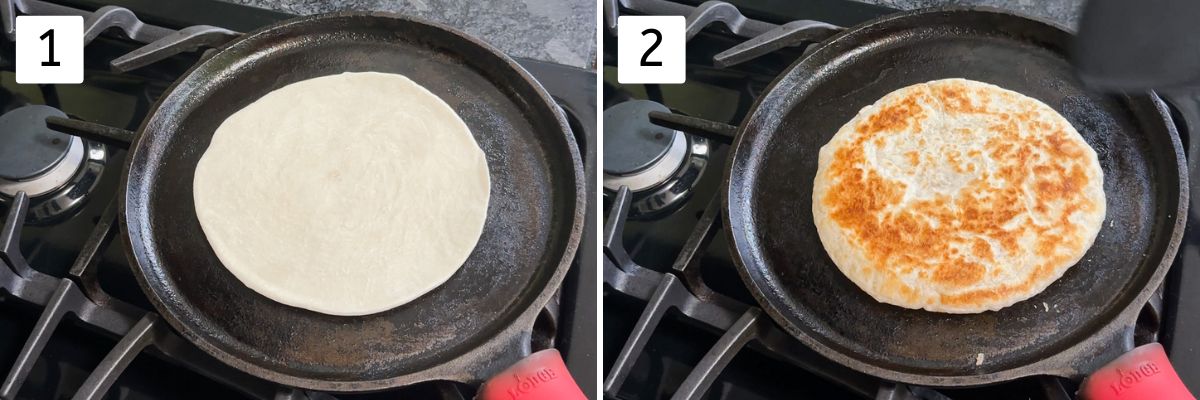 Collage of 2 images showing cooking kawan paratha on tawa.