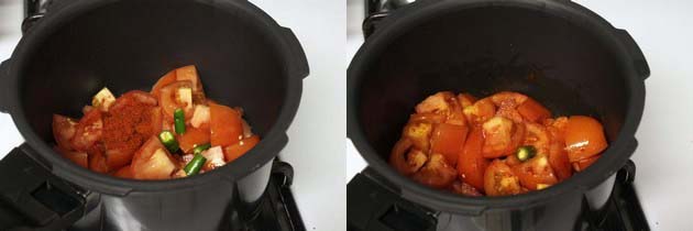 Collage of 2 images showing cooking tomato in the pressure cooker.