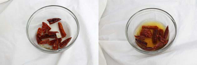 Collage of 2 images showing chilies soaking in the water.