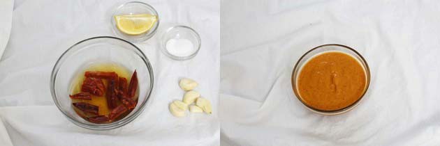 Collage of 2 images showing ground chutney in a bowl.