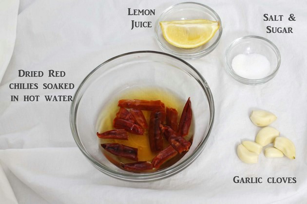 Red Garlic Chutney ingredients in a bowl with labels.
