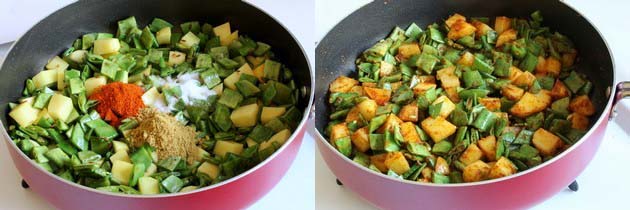 Collage of 2 images showing  adding spices and mixed.