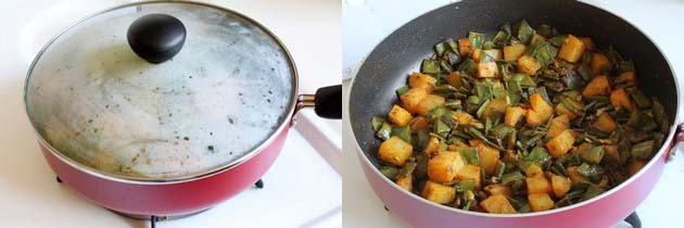 Collage of 2 images showing cooking covered and cooked sabzi.
