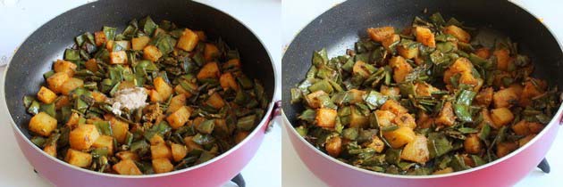 Collage of 2 images showing adding remaining masala and mixed.