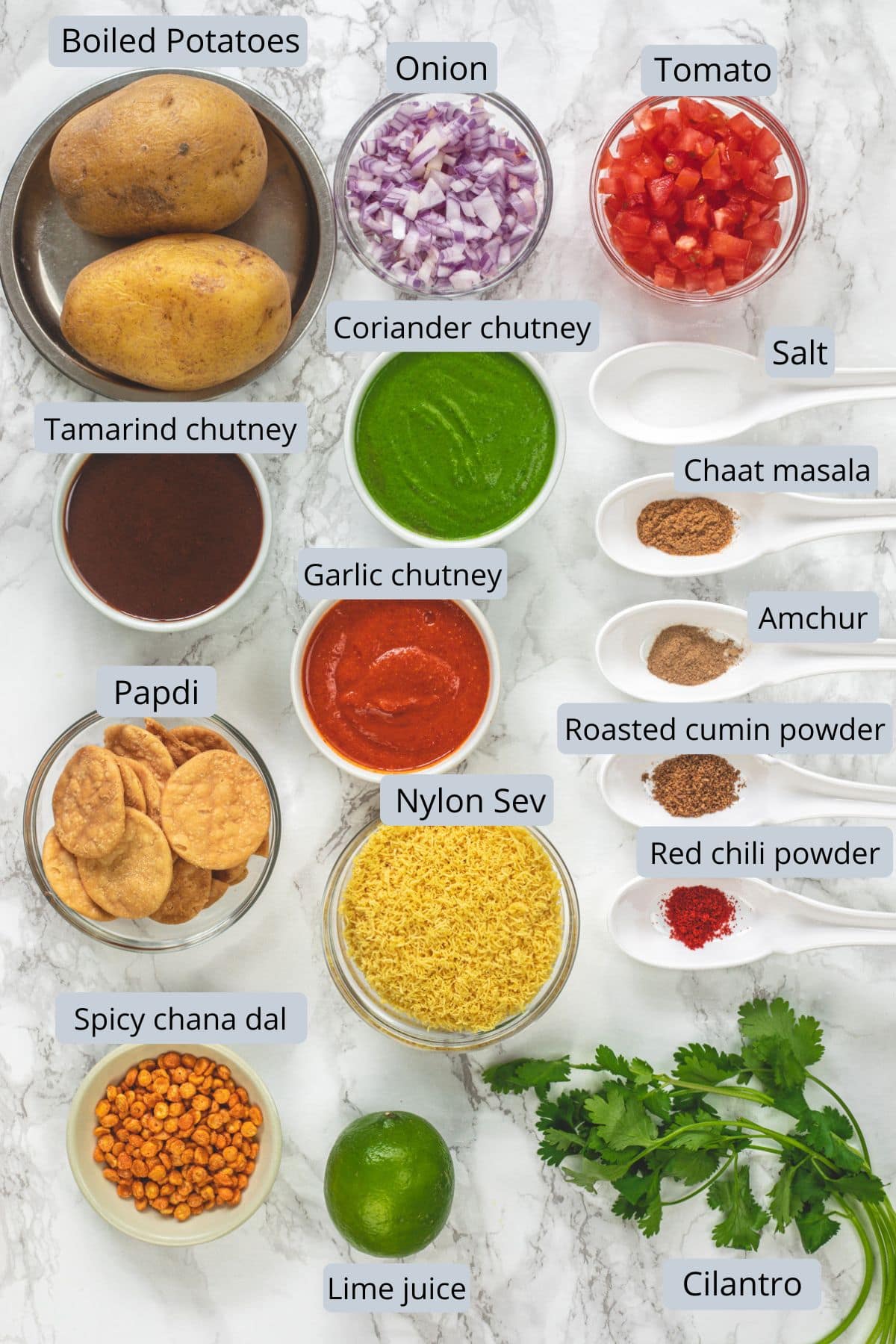 Sev puri recipe ingredients in bowls and spoons with labels.