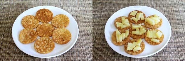 Collage of 2 images showing papdi on a plate and placing potato on top.