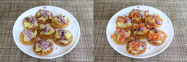 Collage of 2 images showing adding onion and tomato on top.