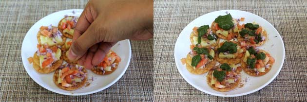 Collage of 2 images showing sprinkling chaat masala and drizzle of green chutney.