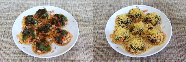 Collage of 2 images showing drizzle of tamarind date chutney and sev.