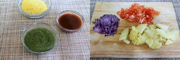 Collage of 2 images showing 2 chutney bowls, sev bowl and onion, tomato, potato on a chopping board.